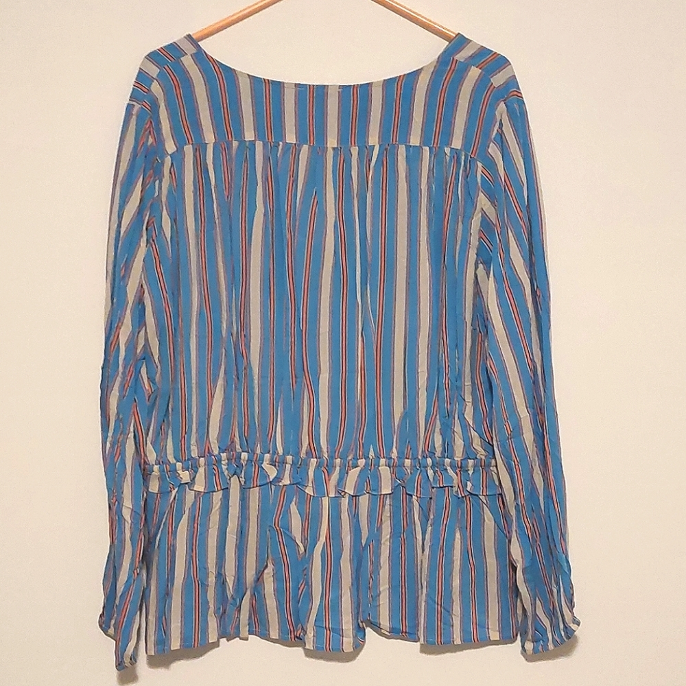 📣 Kori America Blue & Pink Striped Drawstring Waist Button-Down Top NWT Size L - Picture 9 of 12